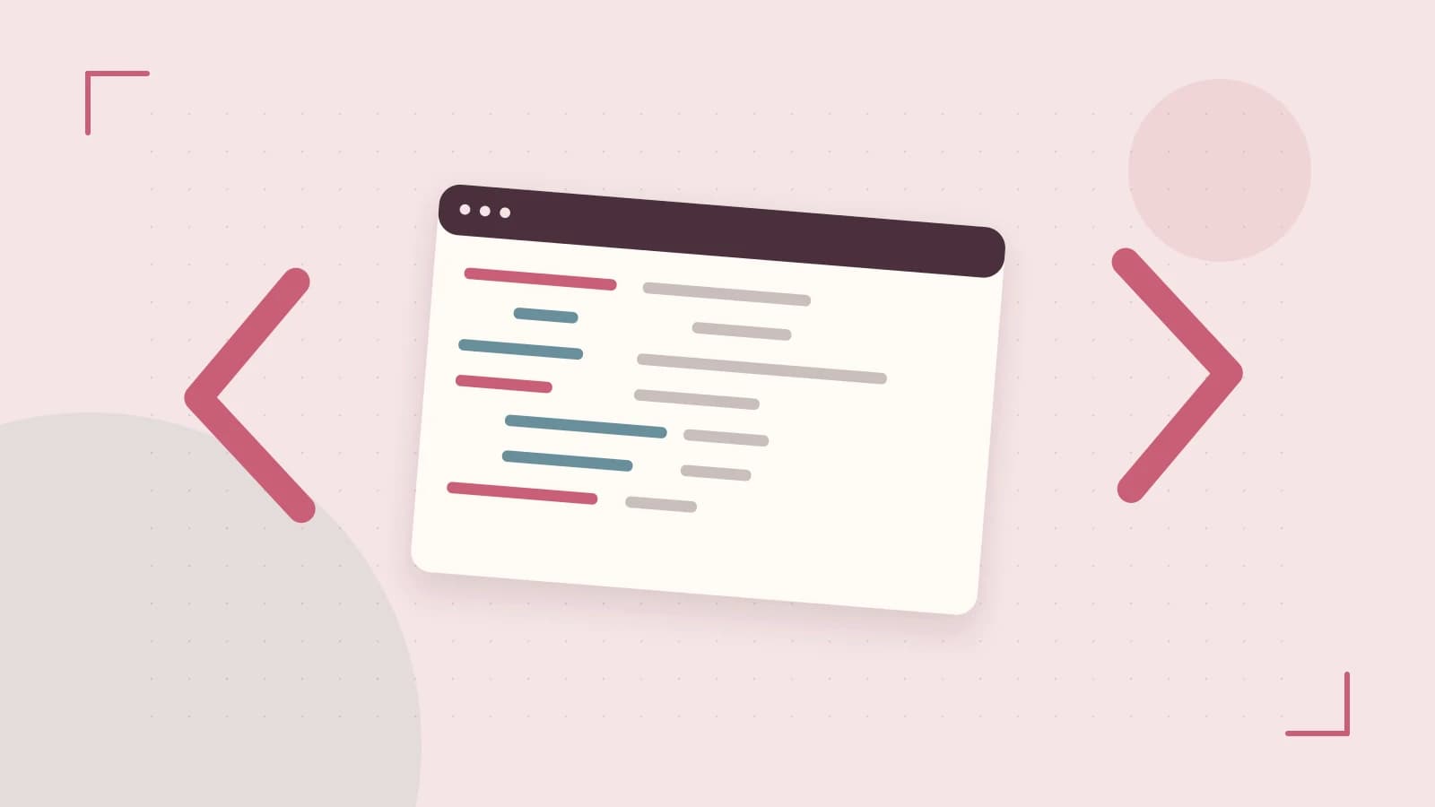 Editorial illustration of an abstract code editor, syntax blocks and oversized programming brackets