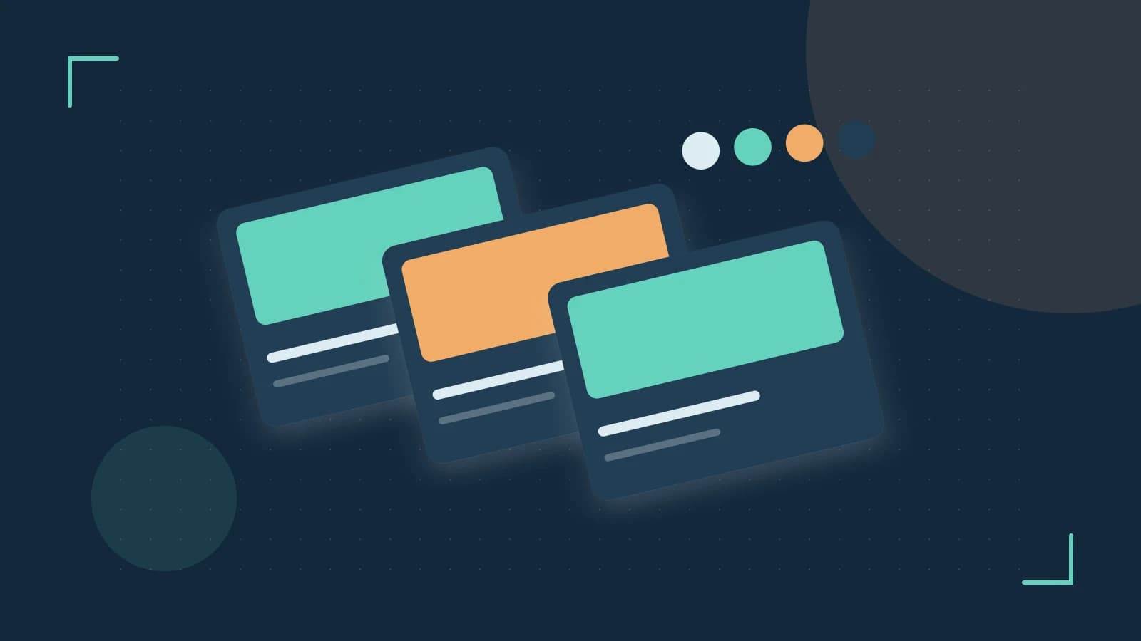 Editorial illustration of responsive browser layouts, overlapping design components and a color system