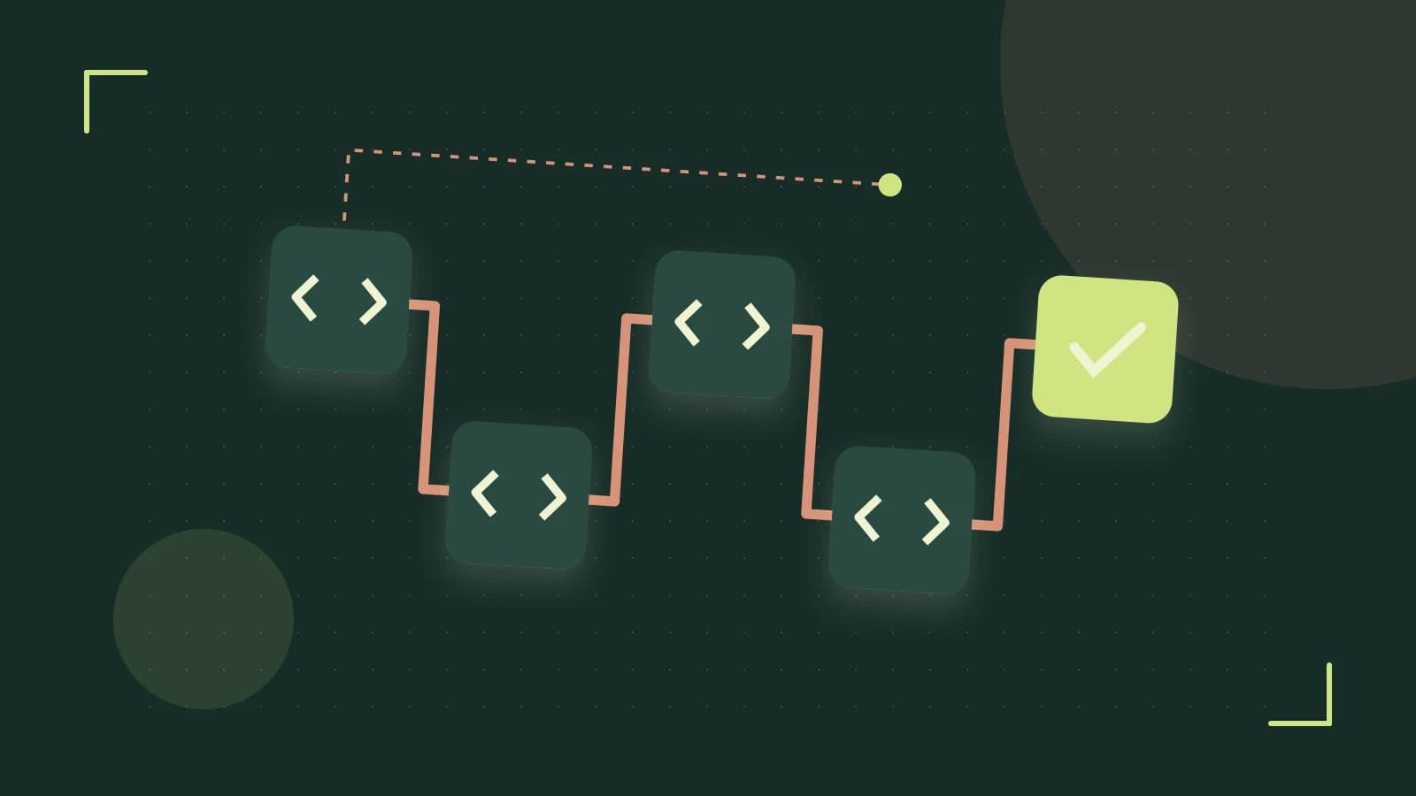 Editorial illustration of a branching build pipeline, staged transformations and a completed check