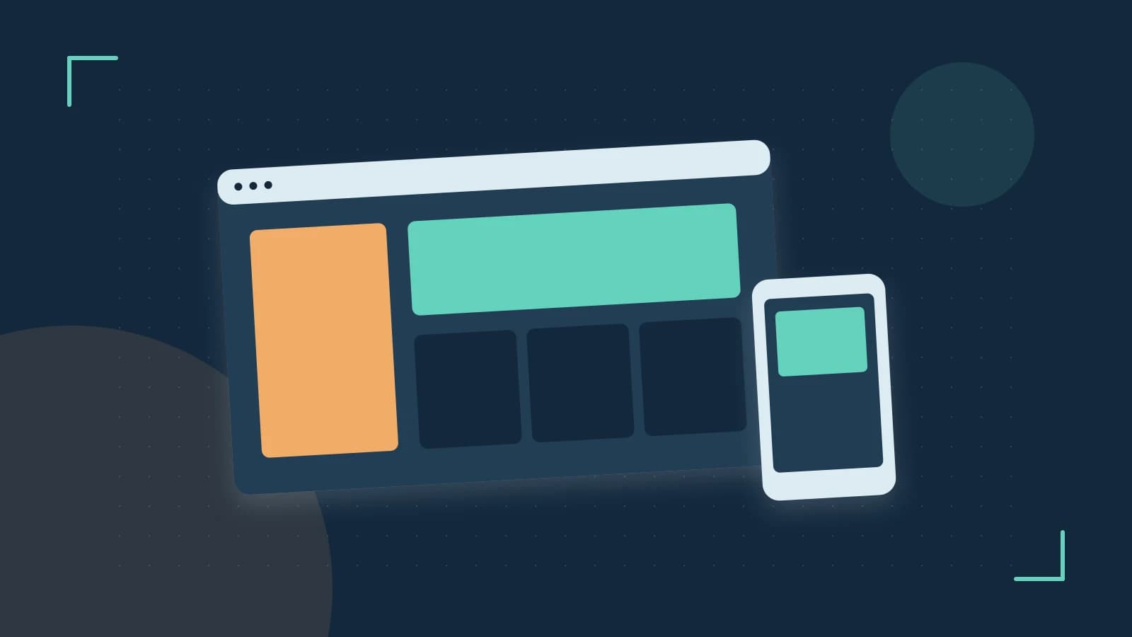 Editorial illustration of responsive browser layouts, overlapping design components and a color system