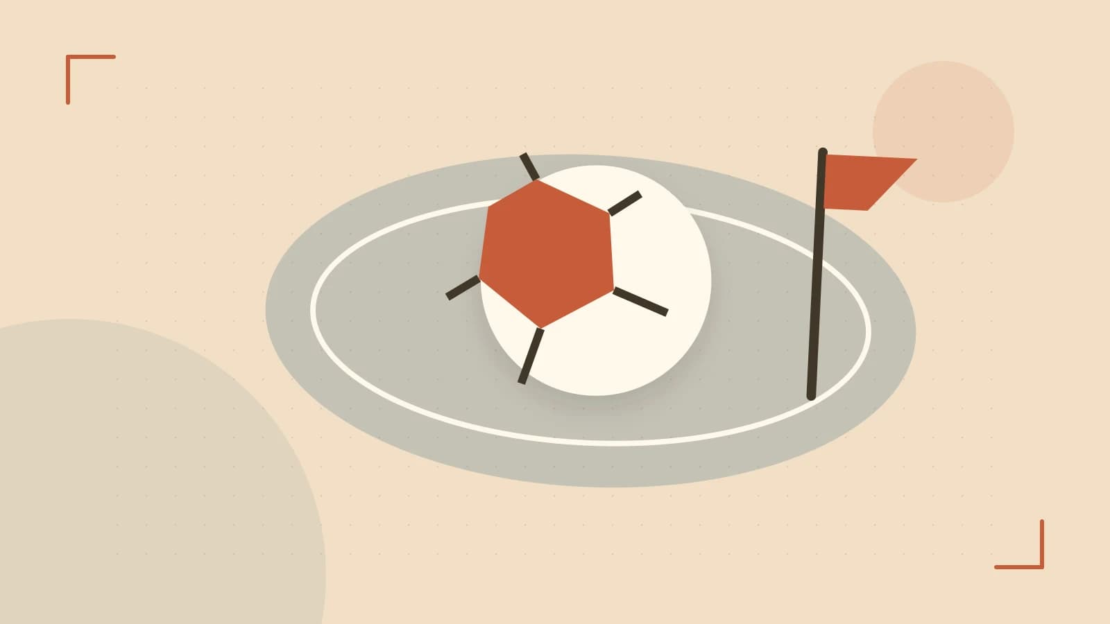 Editorial illustration of a stylized sports ball, stadium geometry and dynamic arcs