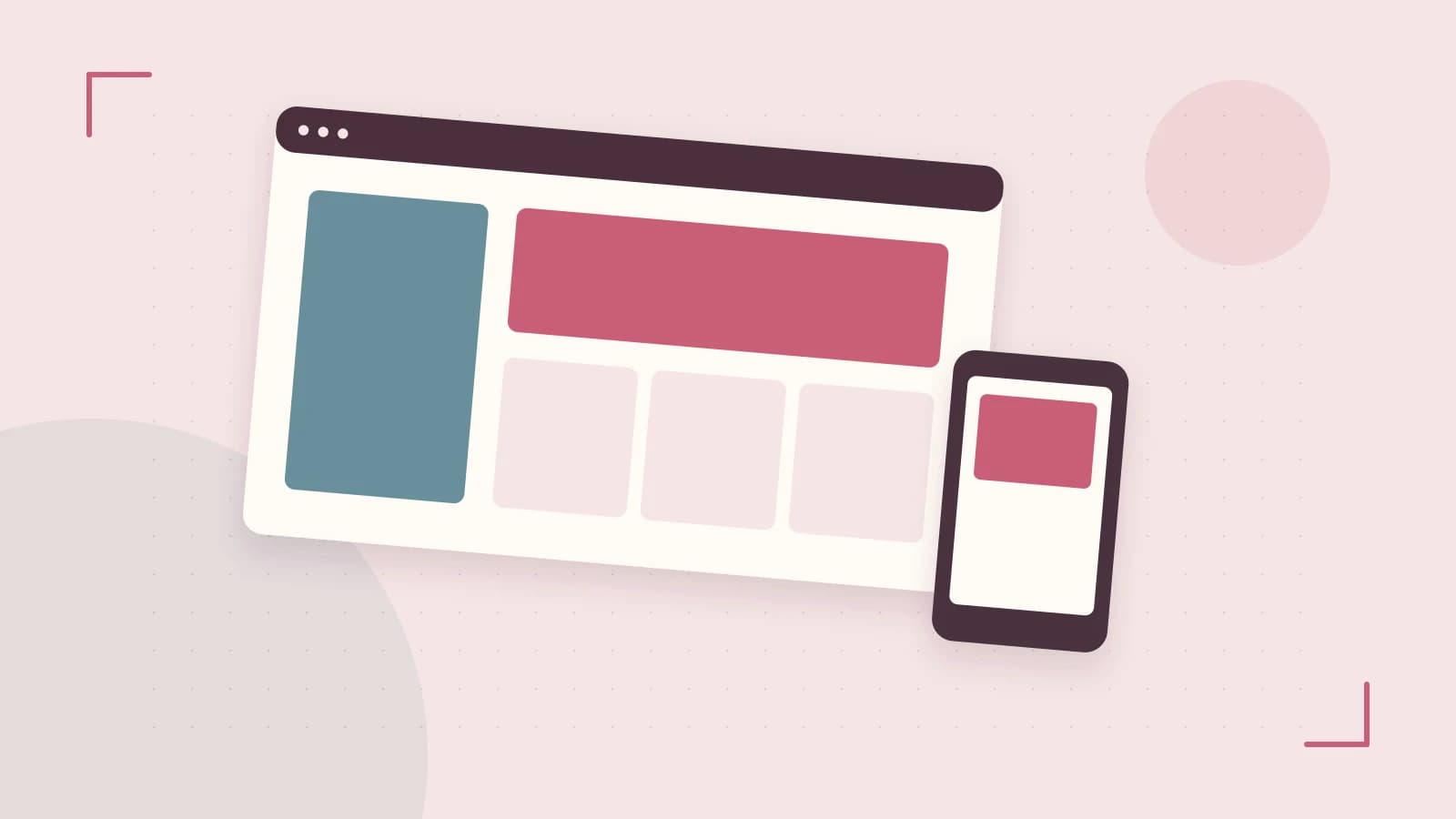 Editorial illustration of responsive browser layouts, overlapping design components and a color system