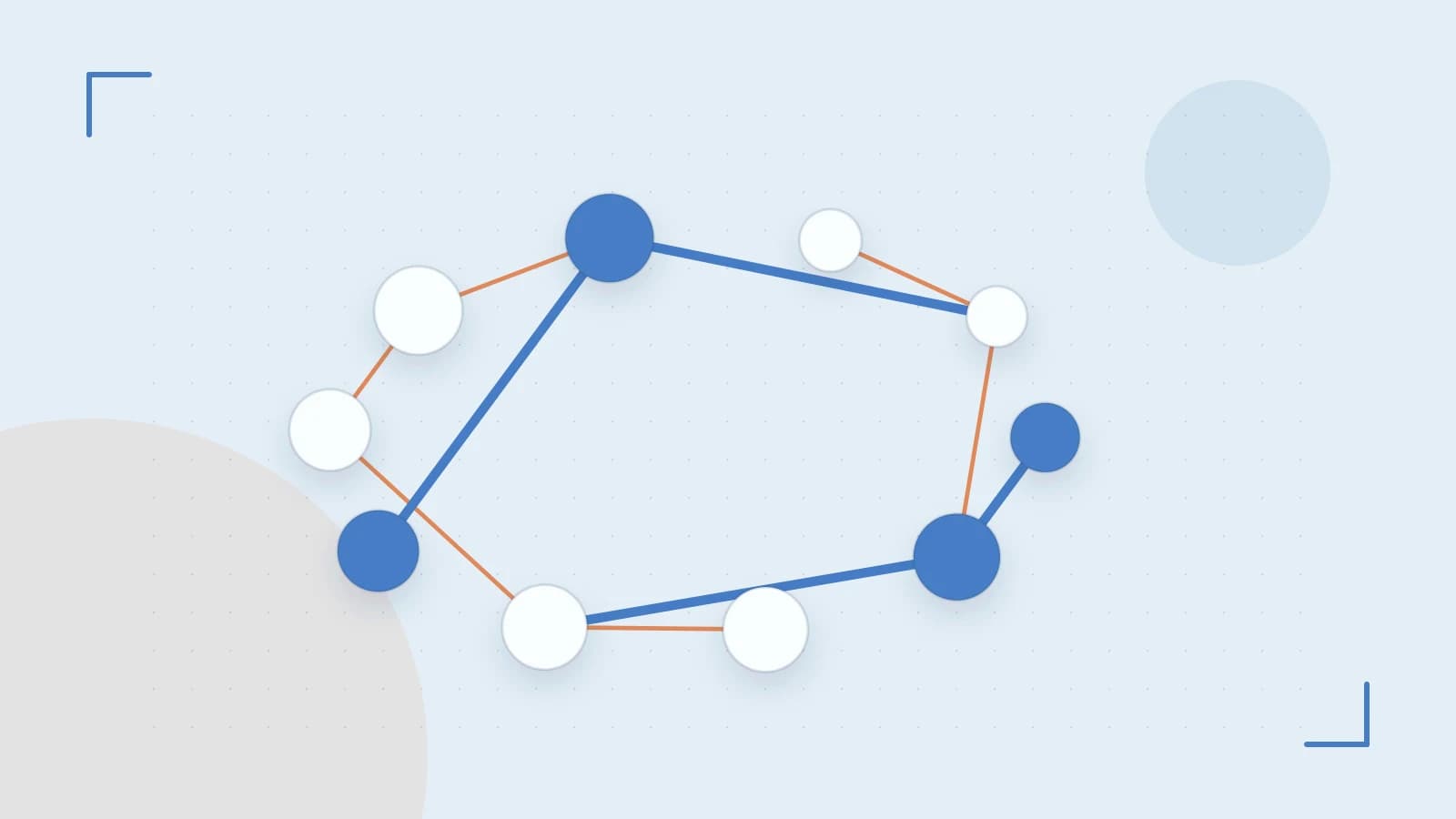Editorial illustration of an algorithmic node graph with branching paths and a highlighted result