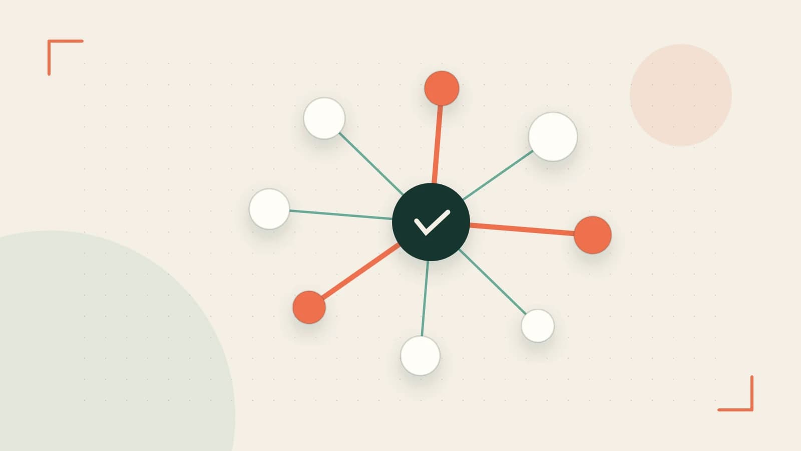 Editorial illustration of an algorithmic node graph with branching paths and a highlighted result