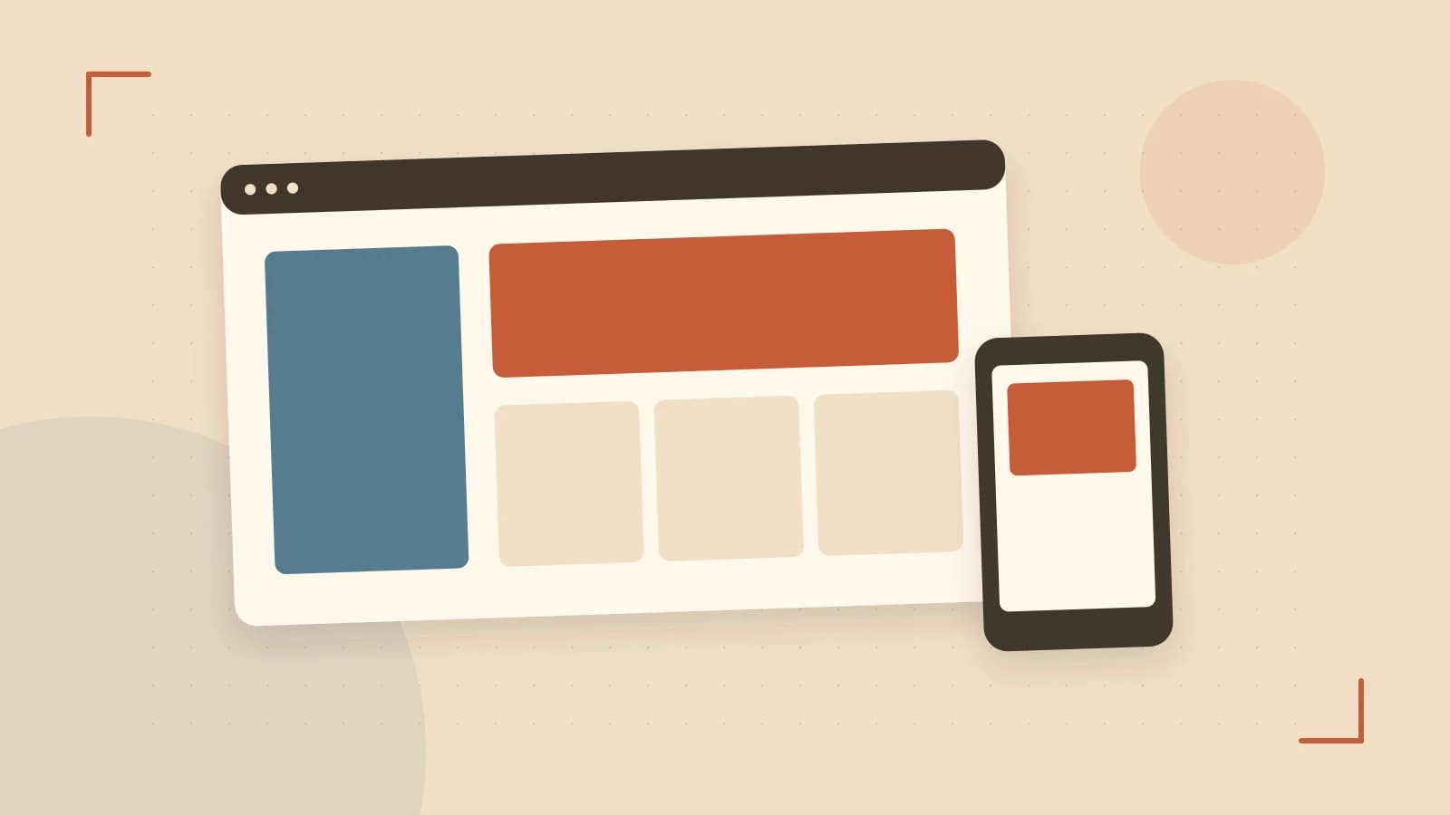Editorial illustration of responsive browser layouts, overlapping design components and a color system