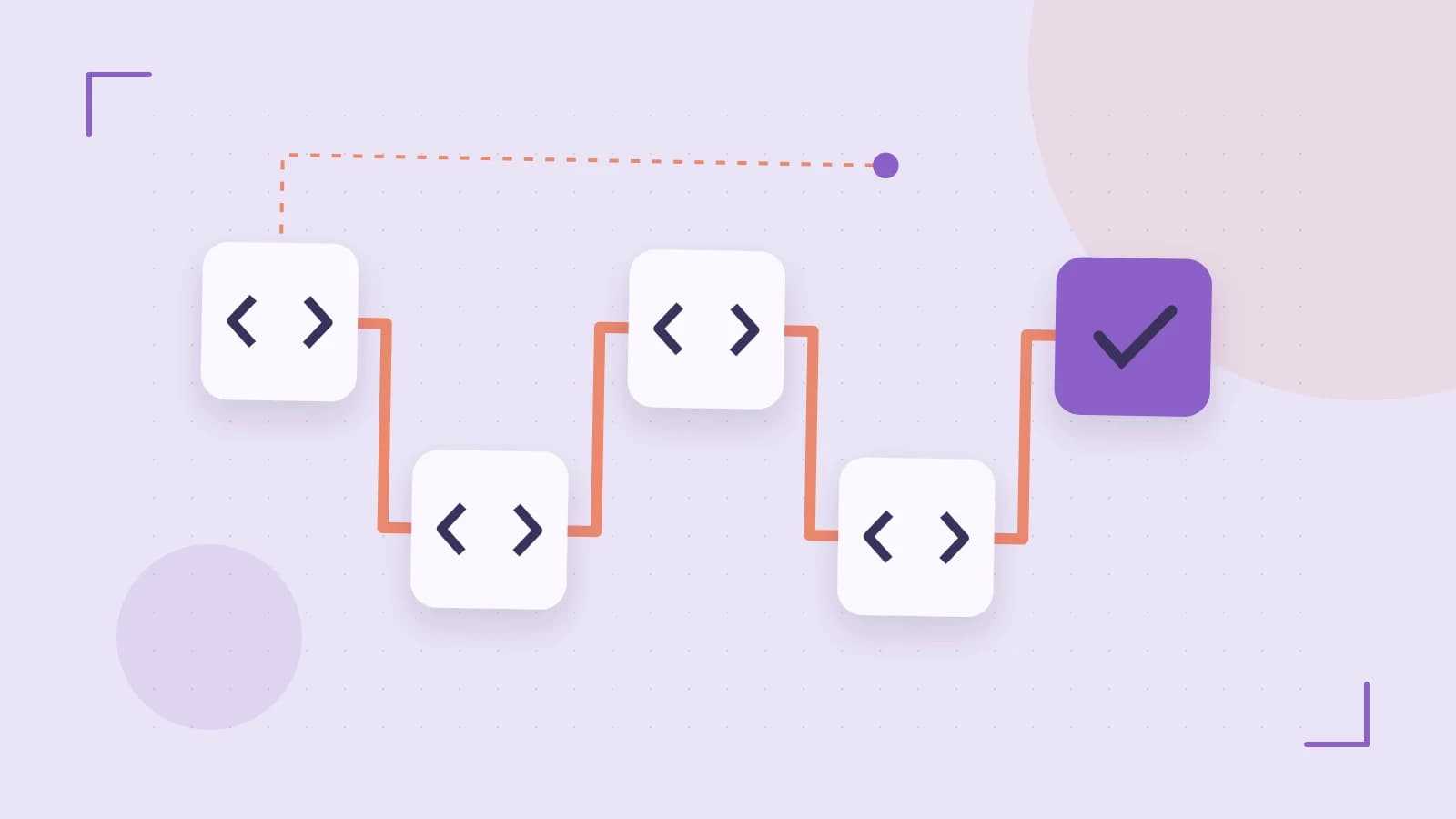 Editorial illustration of a branching build pipeline, staged transformations and a completed check