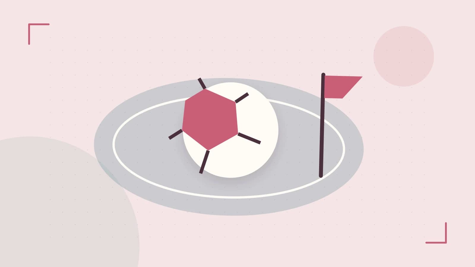 Editorial illustration of a stylized sports ball, stadium geometry and dynamic arcs