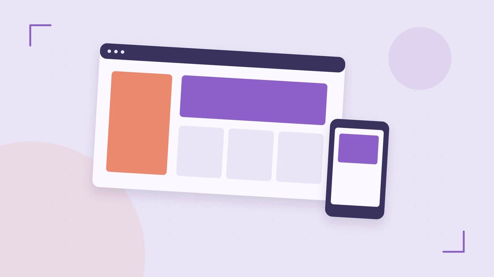 Editorial illustration of responsive browser layouts, overlapping design components and a color system