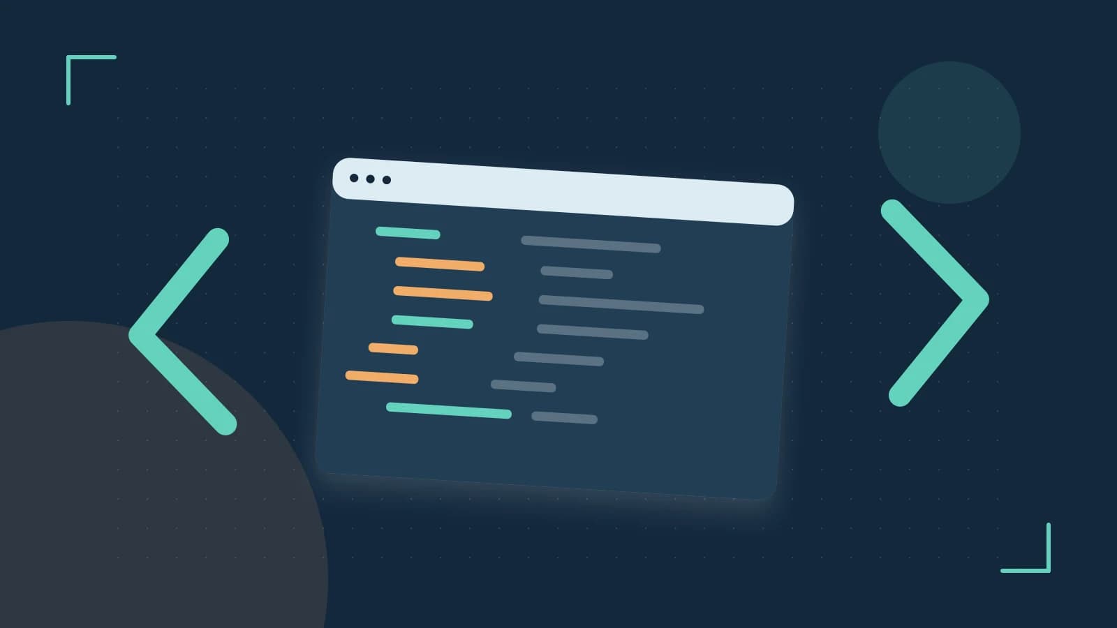 Editorial illustration of an abstract code editor, syntax blocks and oversized programming brackets