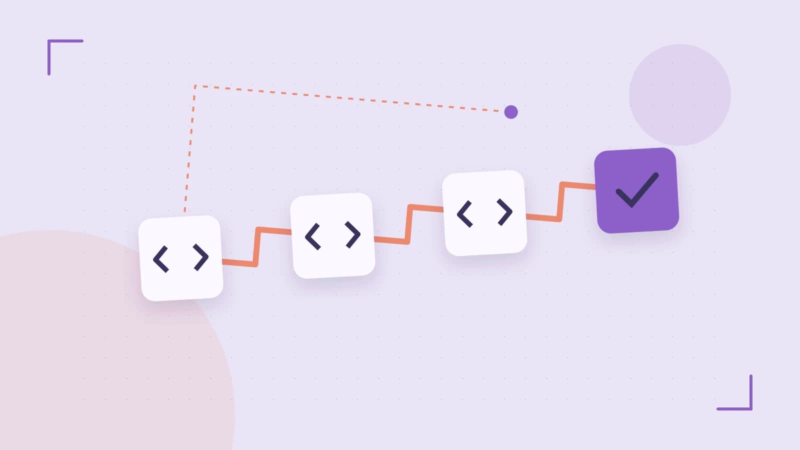 Editorial illustration of a branching build pipeline, staged transformations and a completed check