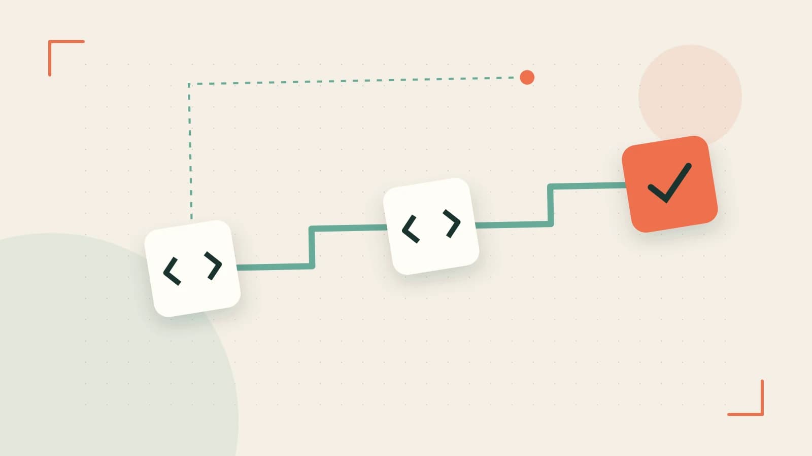 Editorial illustration of a branching build pipeline, staged transformations and a completed check