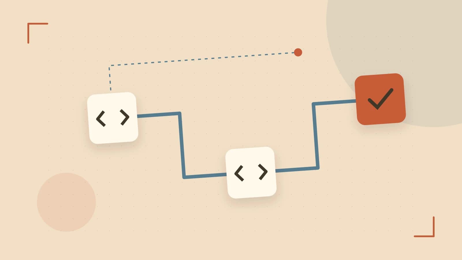 Editorial illustration of a branching build pipeline, staged transformations and a completed check