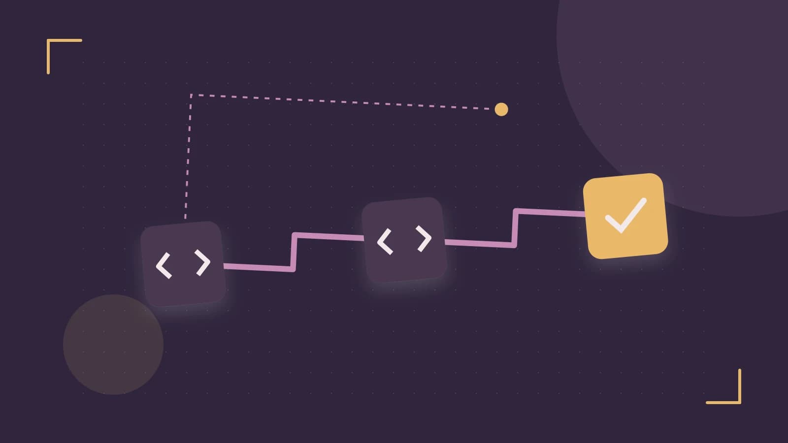 Editorial illustration of a branching build pipeline, staged transformations and a completed check