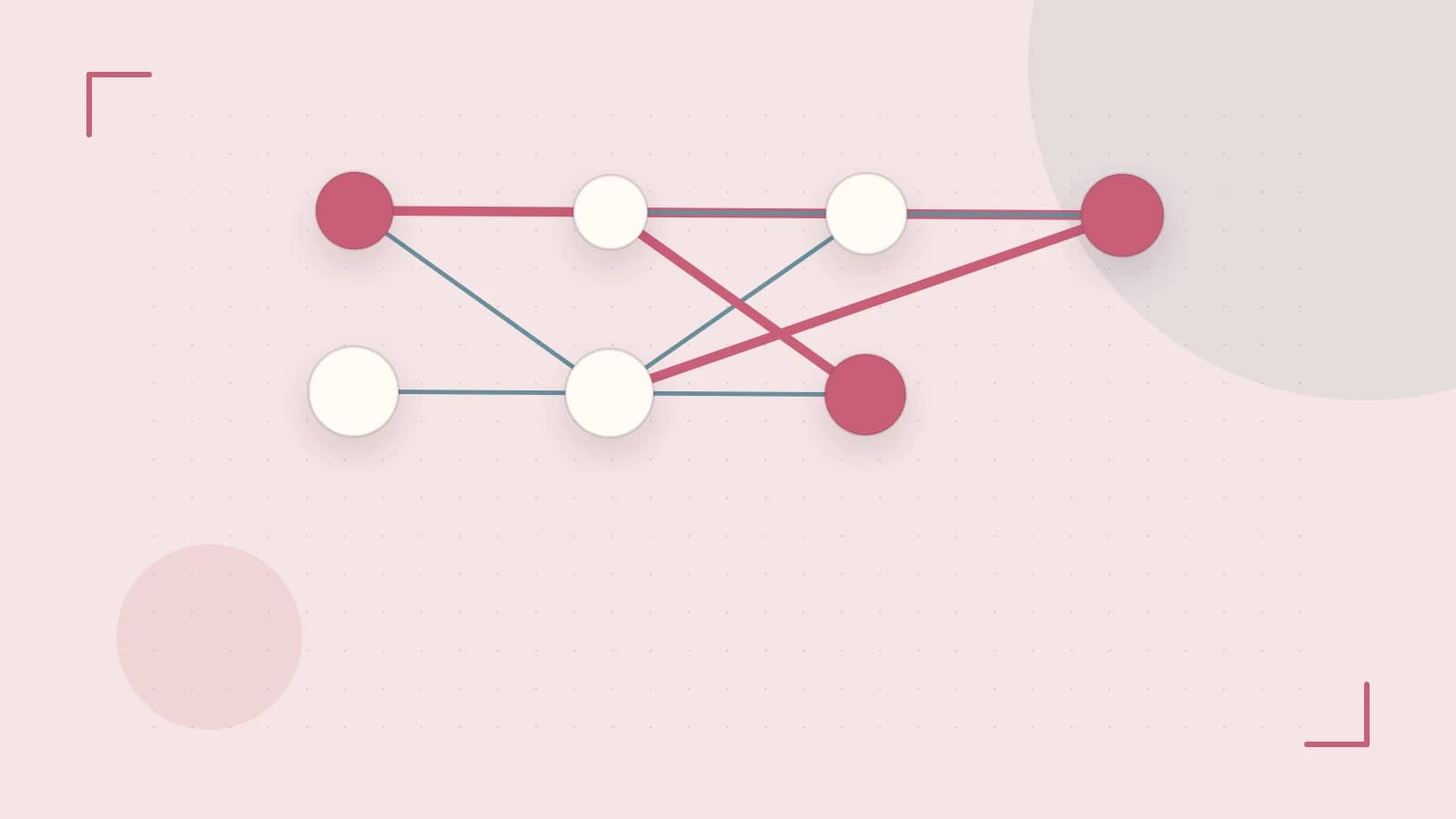 Editorial illustration of an algorithmic node graph with branching paths and a highlighted result