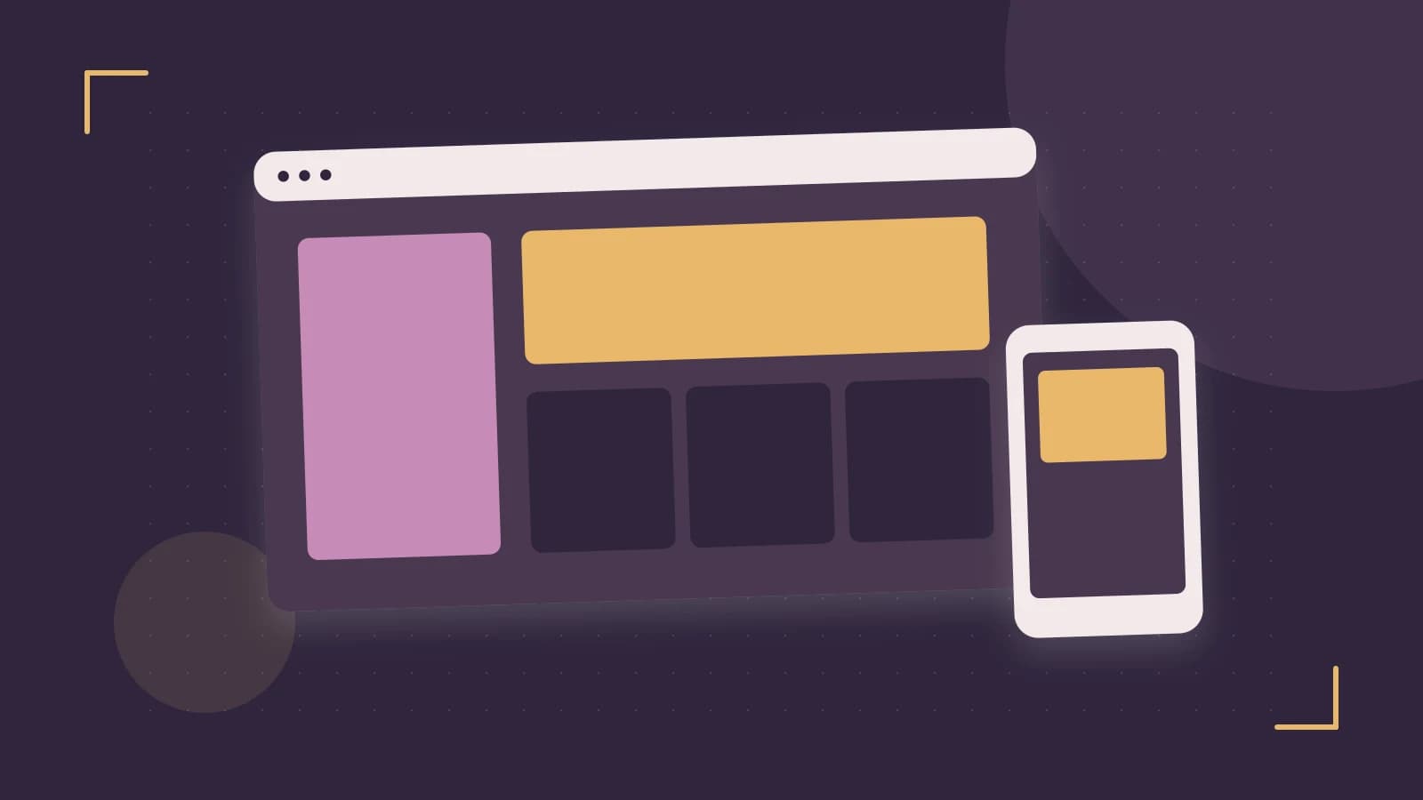 Editorial illustration of responsive browser layouts, overlapping design components and a color system