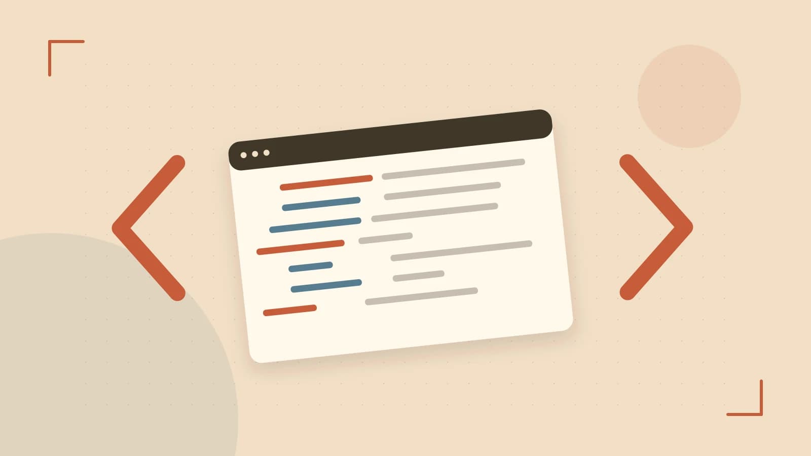 Editorial illustration of an abstract code editor, syntax blocks and oversized programming brackets