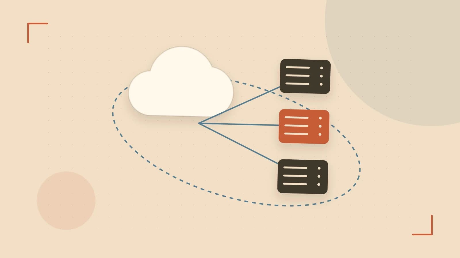 Editorial illustration of cloud infrastructure, connected server racks and an orbital service map