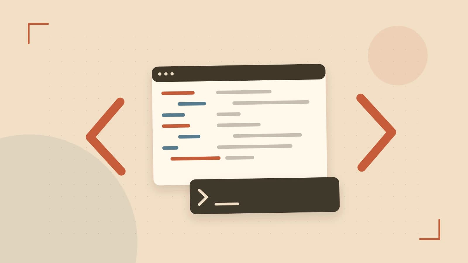 Editorial illustration of an abstract code editor, syntax blocks and oversized programming brackets