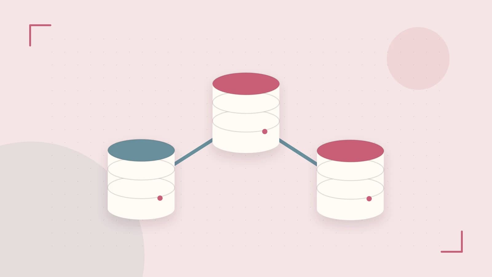 Editorial illustration of structured records, database cylinders and relationships between tables