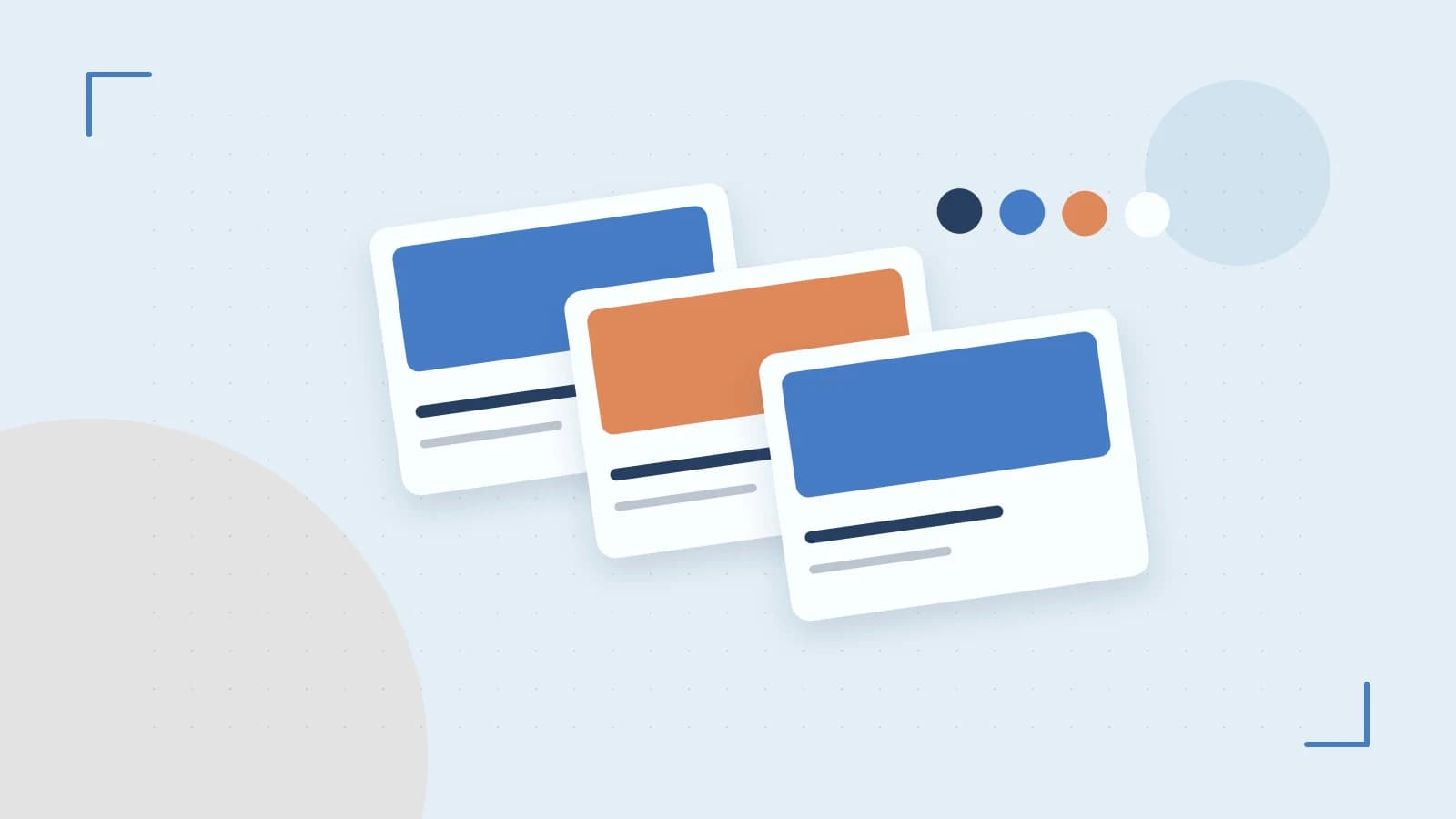 Editorial illustration of responsive browser layouts, overlapping design components and a color system