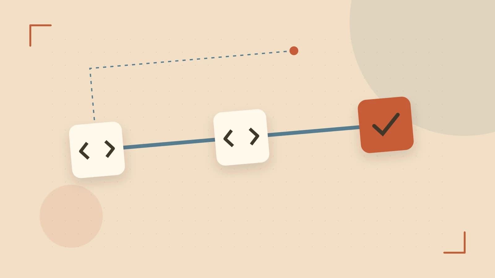 Editorial illustration of a branching build pipeline, staged transformations and a completed check