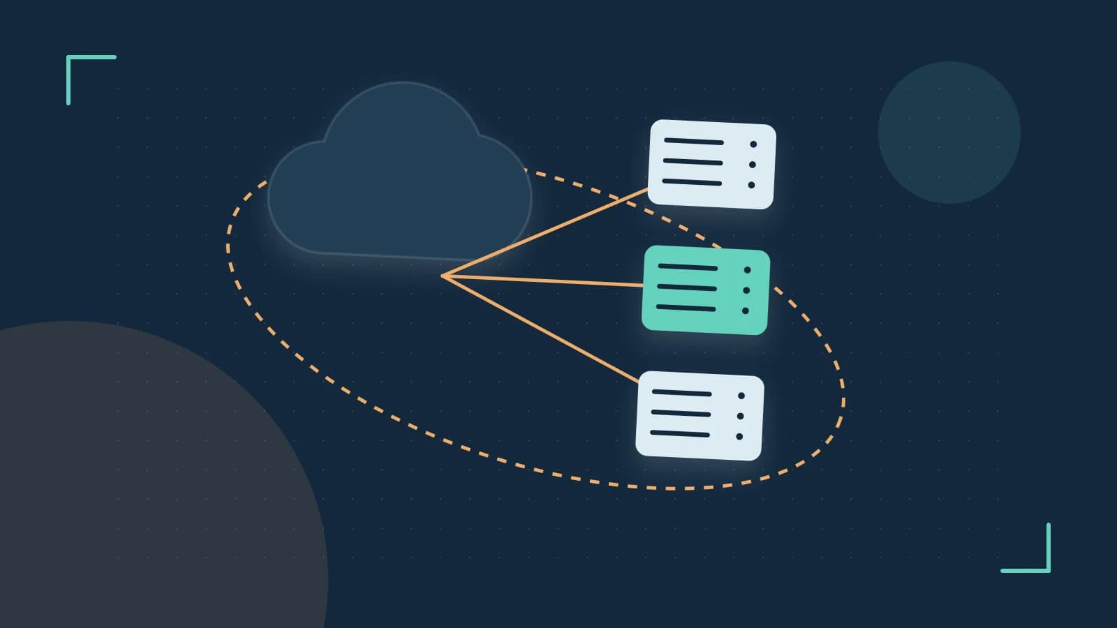 Editorial illustration of cloud infrastructure, connected server racks and an orbital service map