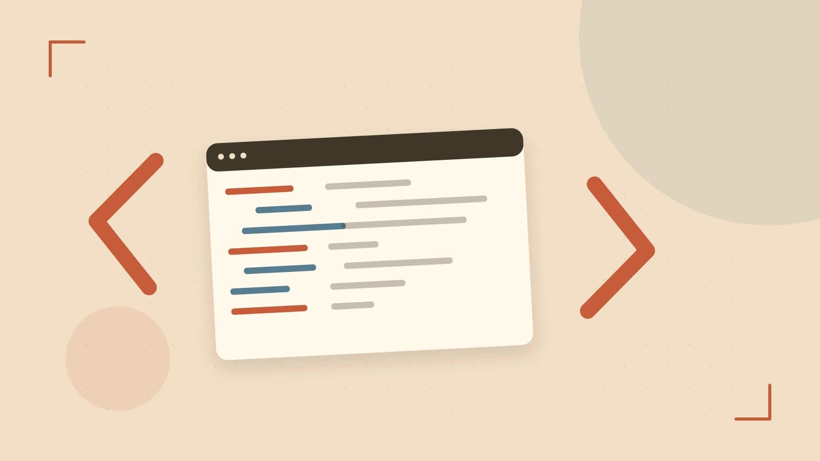 Editorial illustration of an abstract code editor, syntax blocks and oversized programming brackets