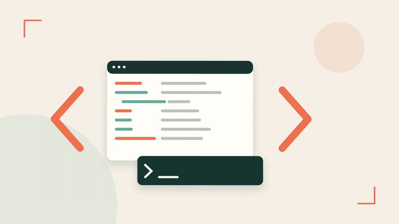 Editorial illustration of an abstract code editor, syntax blocks and oversized programming brackets