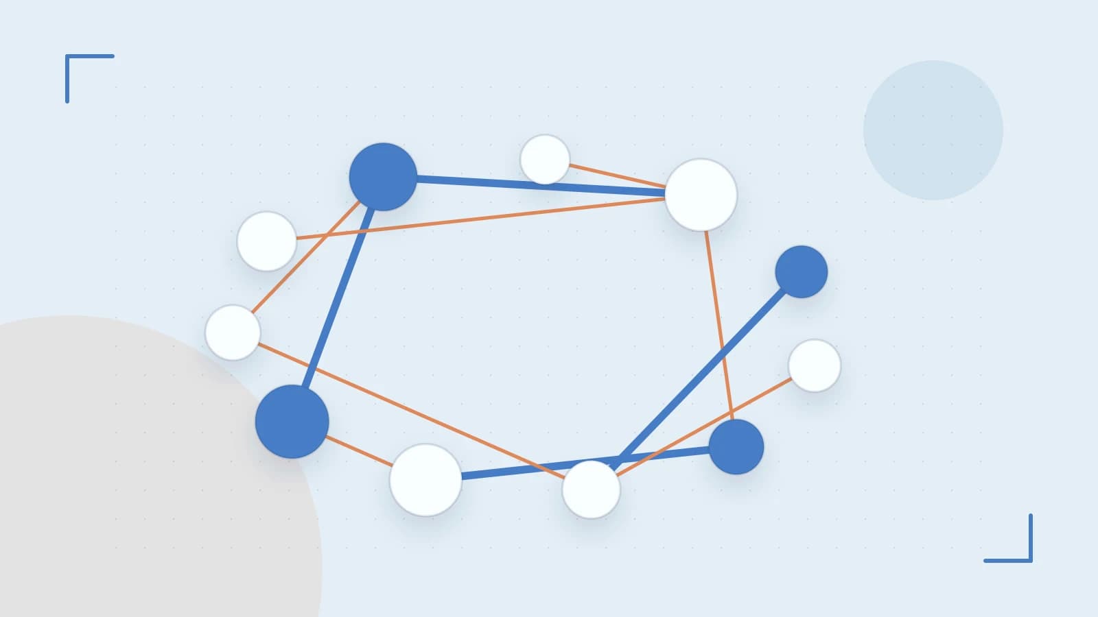 Editorial illustration of an algorithmic node graph with branching paths and a highlighted result