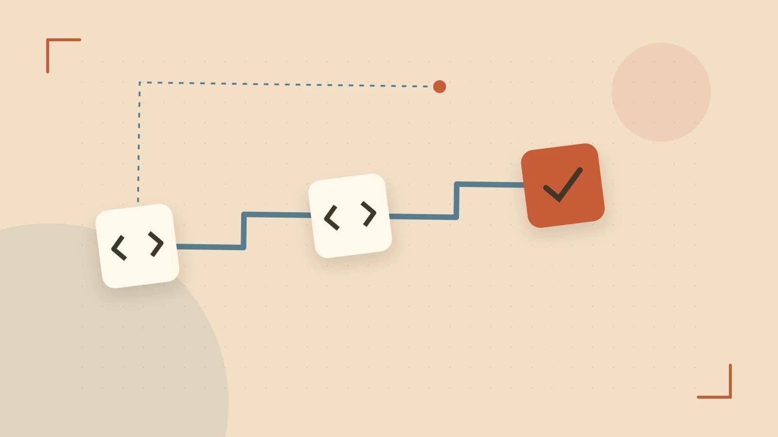Editorial illustration of a branching build pipeline, staged transformations and a completed check