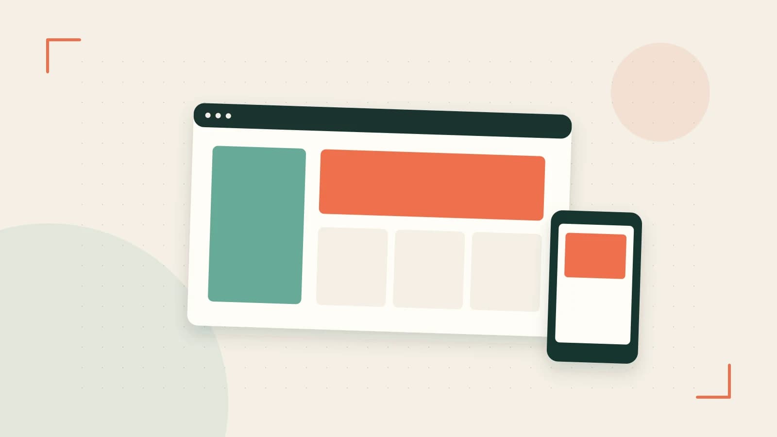 Editorial illustration of responsive browser layouts, overlapping design components and a color system