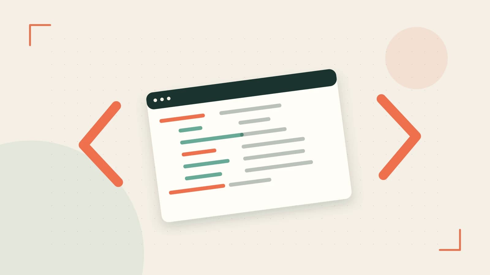 Editorial illustration of an abstract code editor, syntax blocks and oversized programming brackets