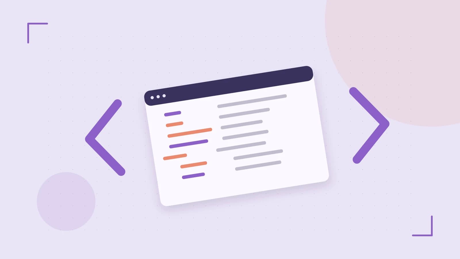 Editorial illustration of an abstract code editor, syntax blocks and oversized programming brackets