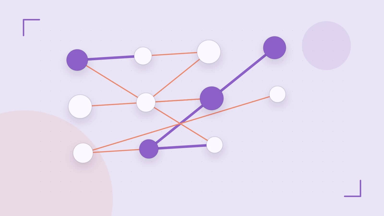 Editorial illustration of an algorithmic node graph with branching paths and a highlighted result