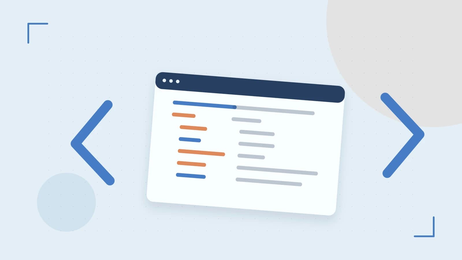 Editorial illustration of an abstract code editor, syntax blocks and oversized programming brackets