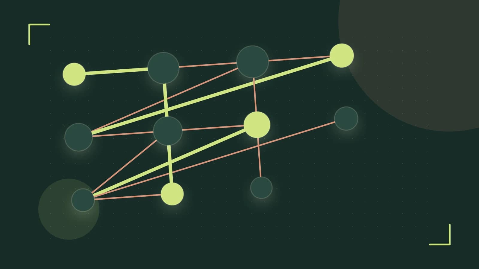 Editorial illustration of an algorithmic node graph with branching paths and a highlighted result