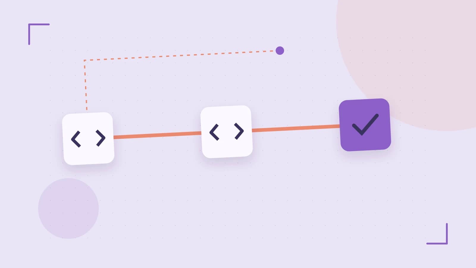 Editorial illustration of a branching build pipeline, staged transformations and a completed check