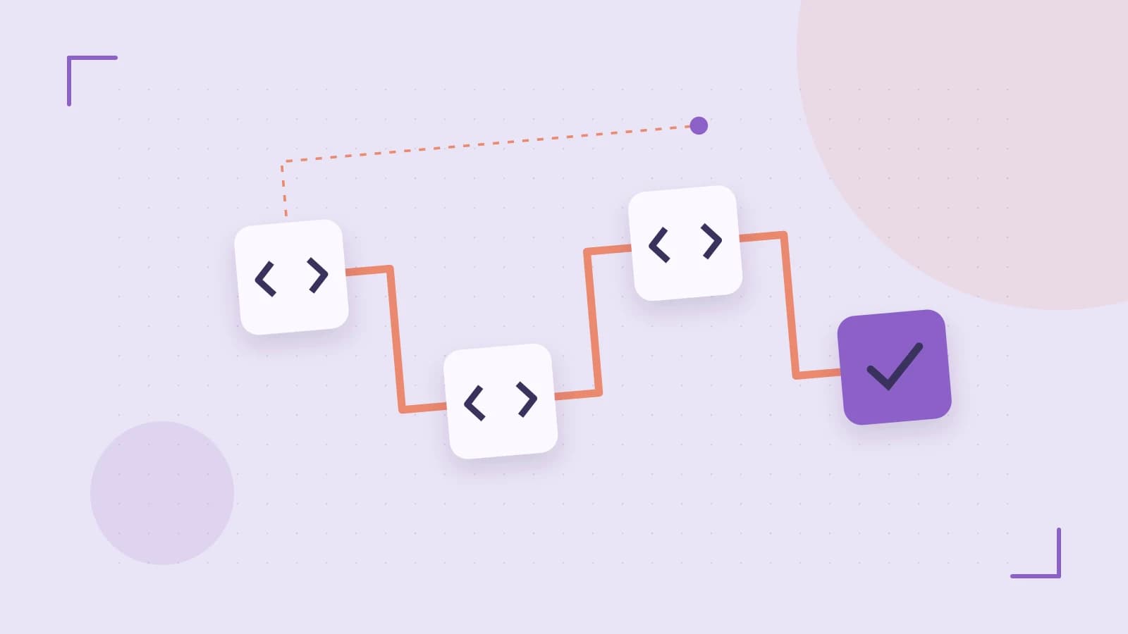 Editorial illustration of a branching build pipeline, staged transformations and a completed check