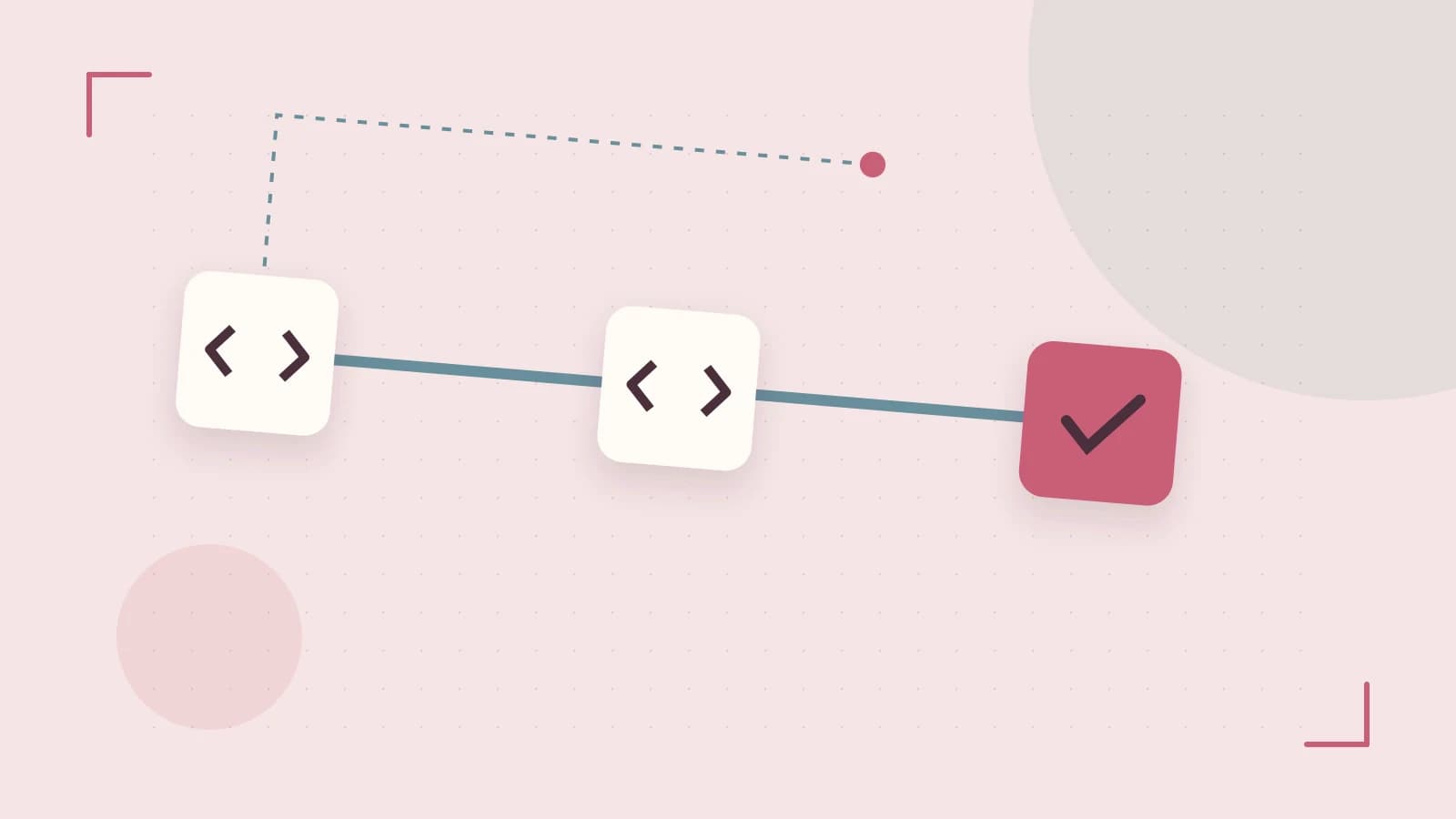 Editorial illustration of a branching build pipeline, staged transformations and a completed check