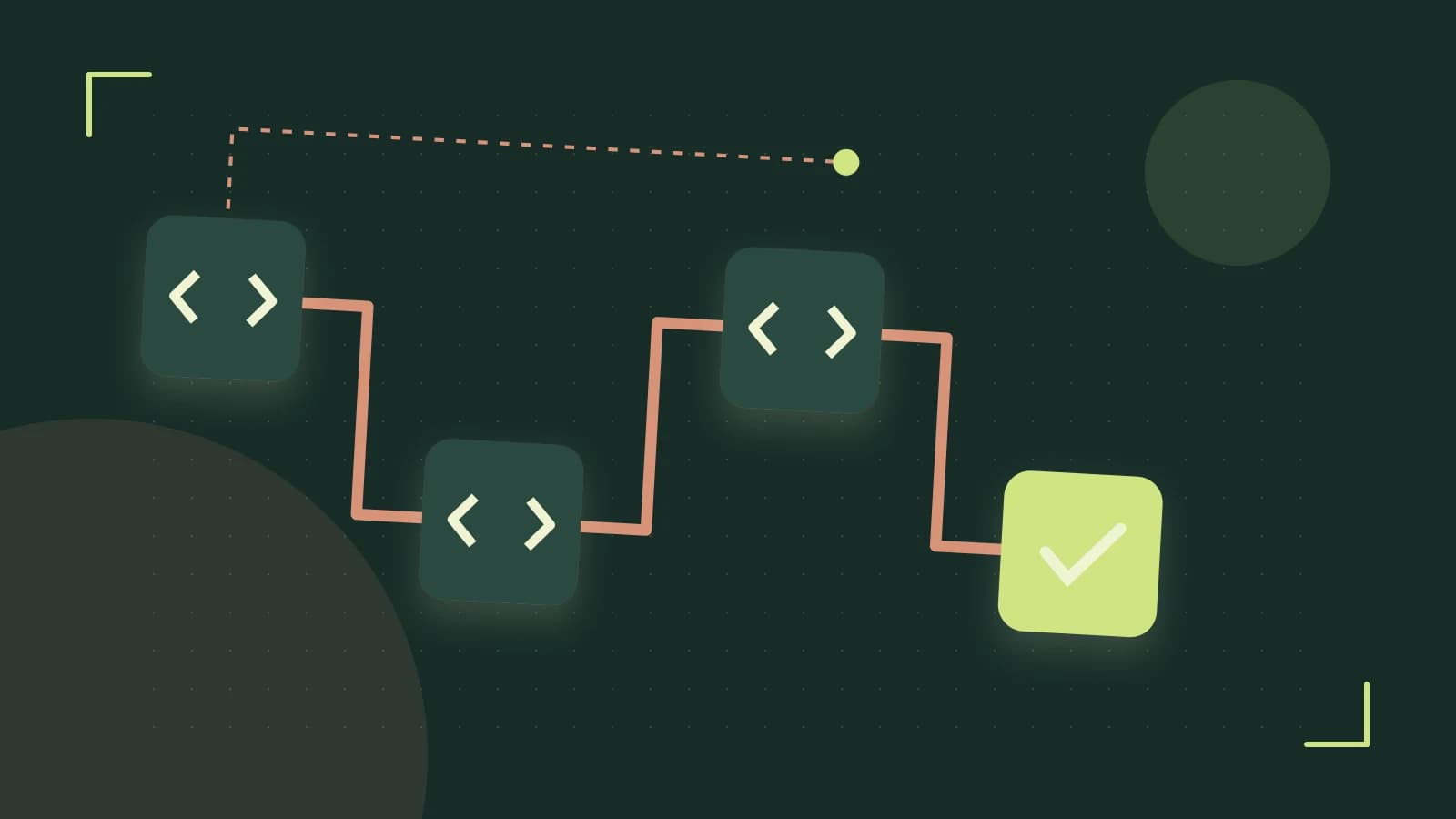 Editorial illustration of a branching build pipeline, staged transformations and a completed check