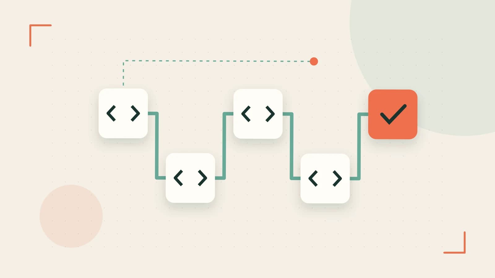 Editorial illustration of a branching build pipeline, staged transformations and a completed check