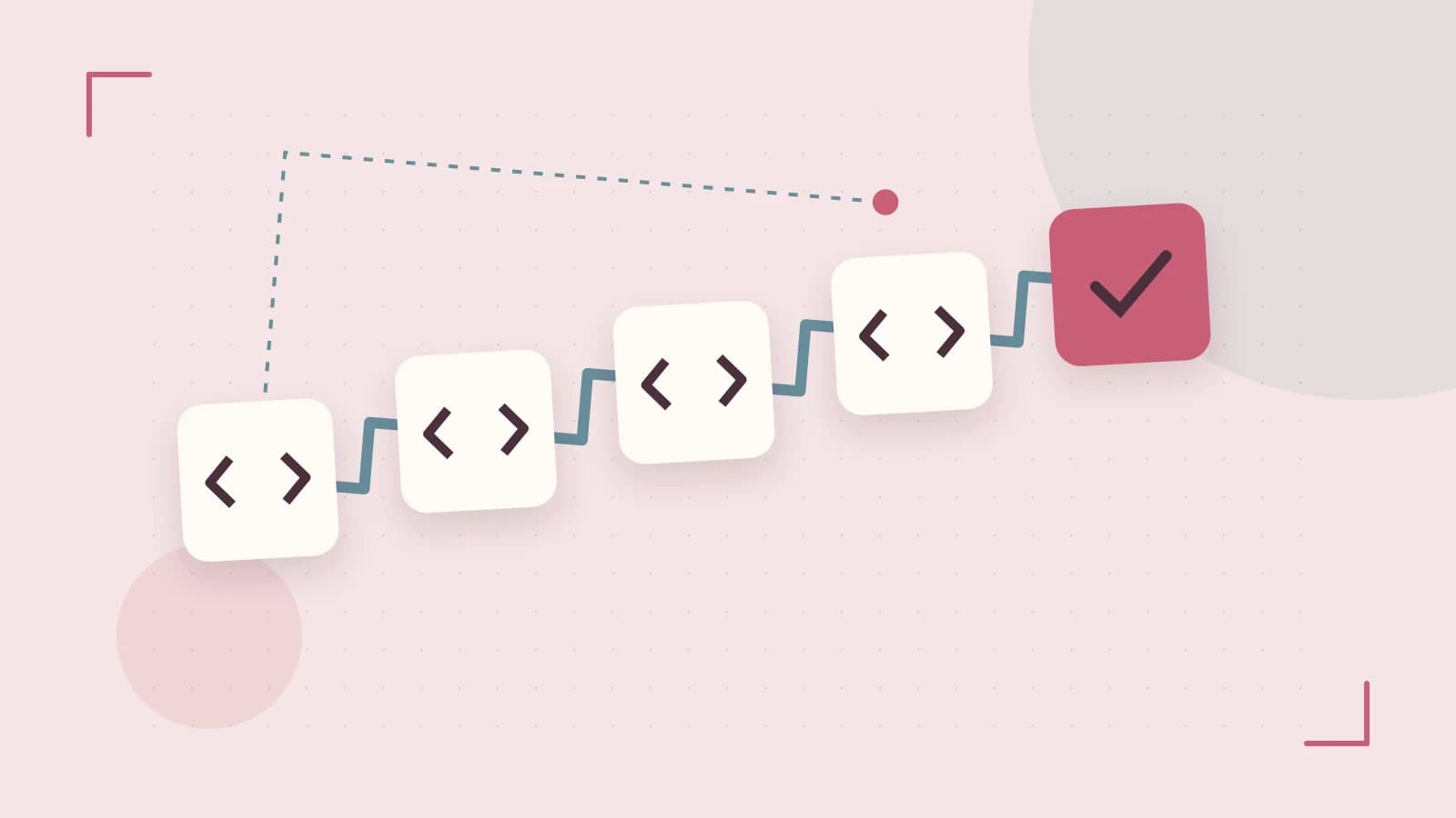 Editorial illustration of a branching build pipeline, staged transformations and a completed check