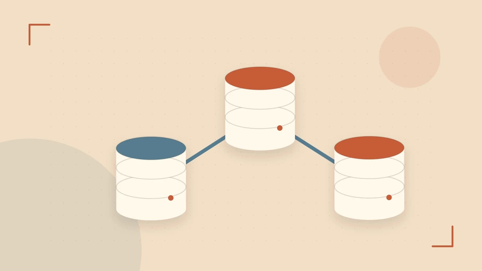Editorial illustration of structured records, database cylinders and relationships between tables