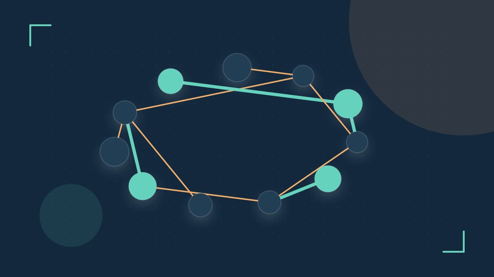 Editorial illustration of an algorithmic node graph with branching paths and a highlighted result