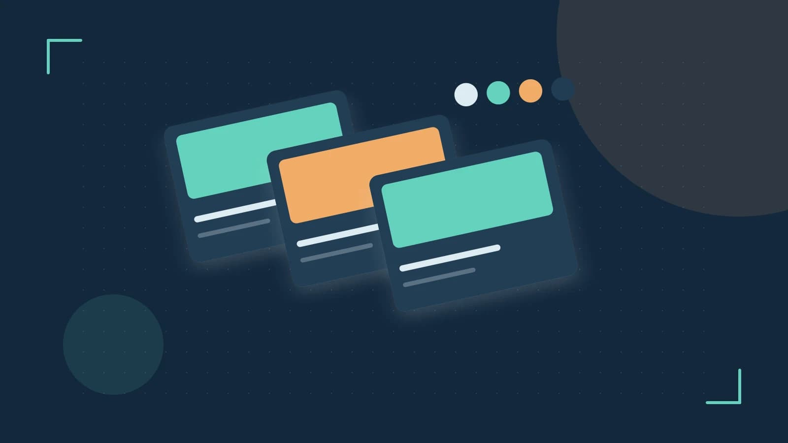 Editorial illustration of responsive browser layouts, overlapping design components and a color system