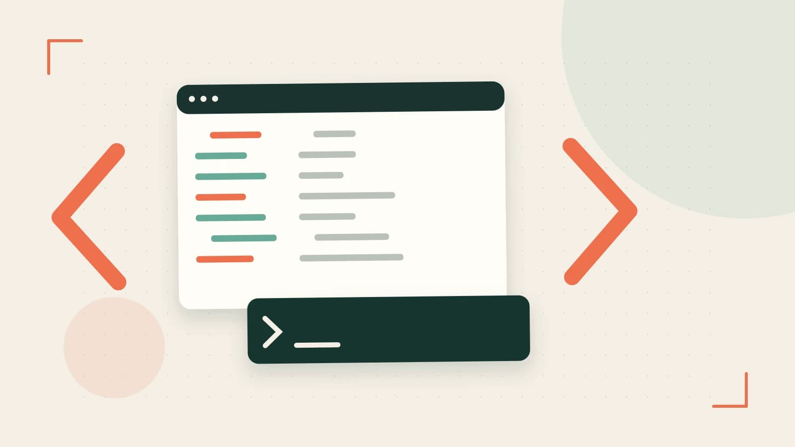 Editorial illustration of an abstract code editor, syntax blocks and oversized programming brackets