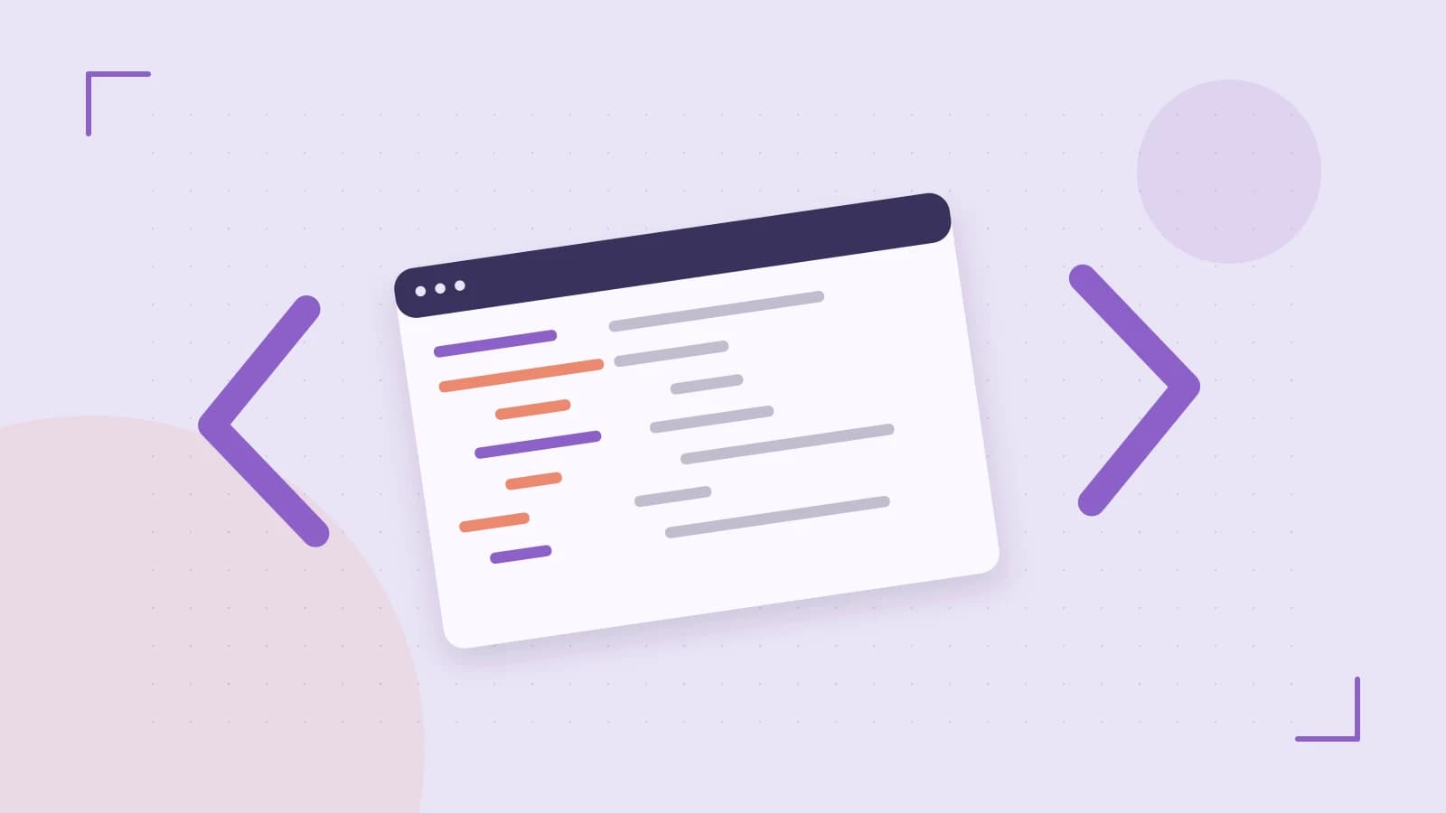 Editorial illustration of an abstract code editor, syntax blocks and oversized programming brackets