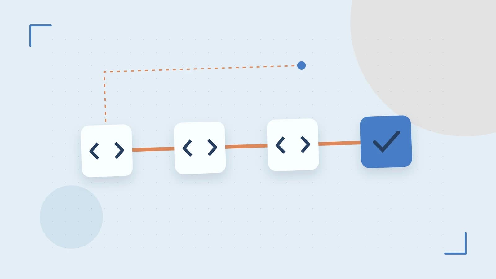 Editorial illustration of a branching build pipeline, staged transformations and a completed check