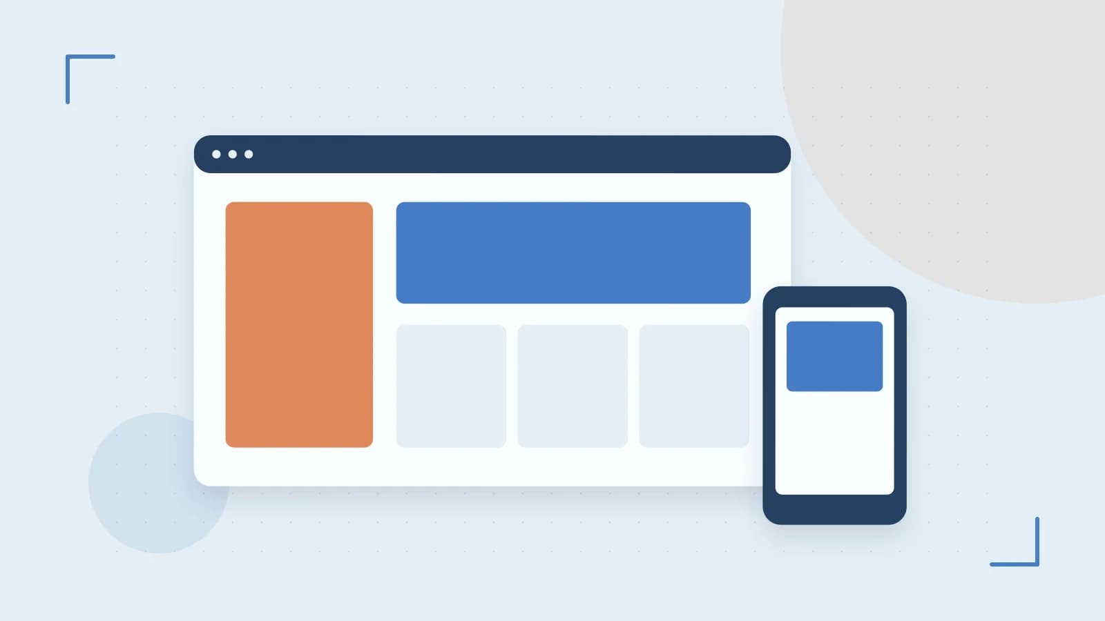 Editorial illustration of responsive browser layouts, overlapping design components and a color system