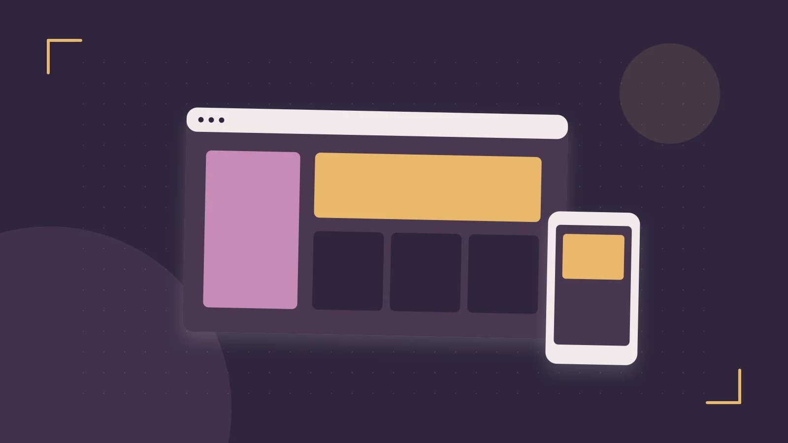 Editorial illustration of responsive browser layouts, overlapping design components and a color system
